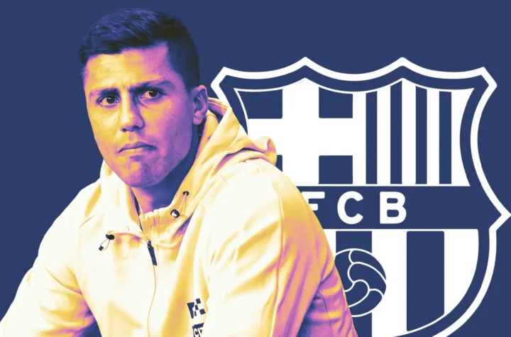 Editorial graphic for the Rodri Barcelona transfer showing a midfielder beside the Barcelona crest.