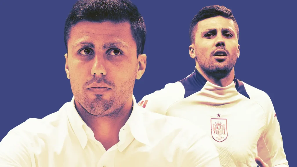 Editorial graphic of a Spanish midfielder used for coverage of the Rodri Real Madrid transfer negotiations.