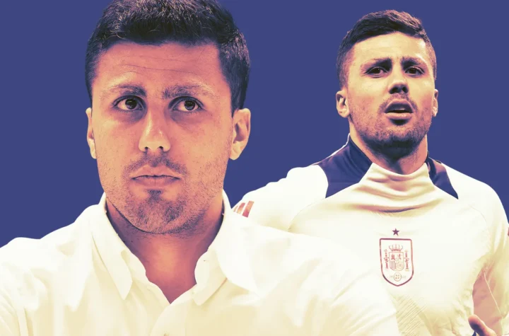 Editorial graphic of a Spanish midfielder used for coverage of the Rodri Real Madrid transfer negotiations.