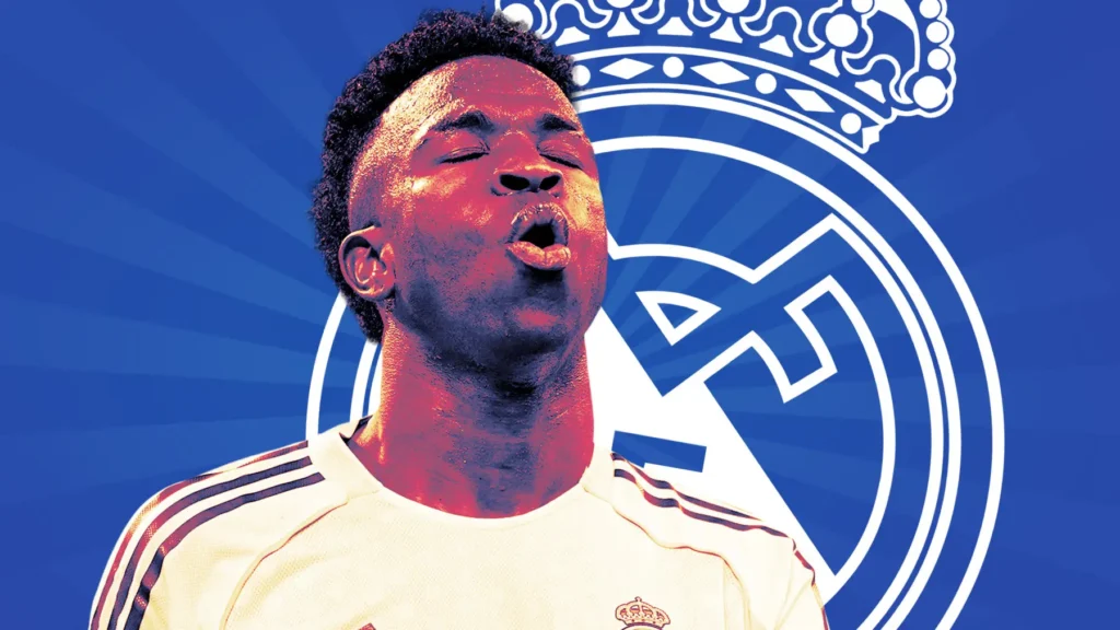 Real Madrid forward featured in a club-themed graphic as the Vinicius contract renewal deadline approaches.